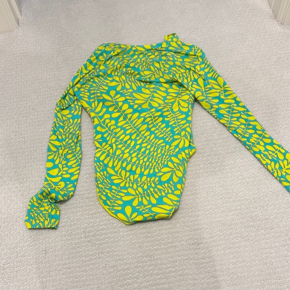 Trina Turk Yellow and Teal Long Sleeve One-Piece Swimsuit - Picture 2 of 3